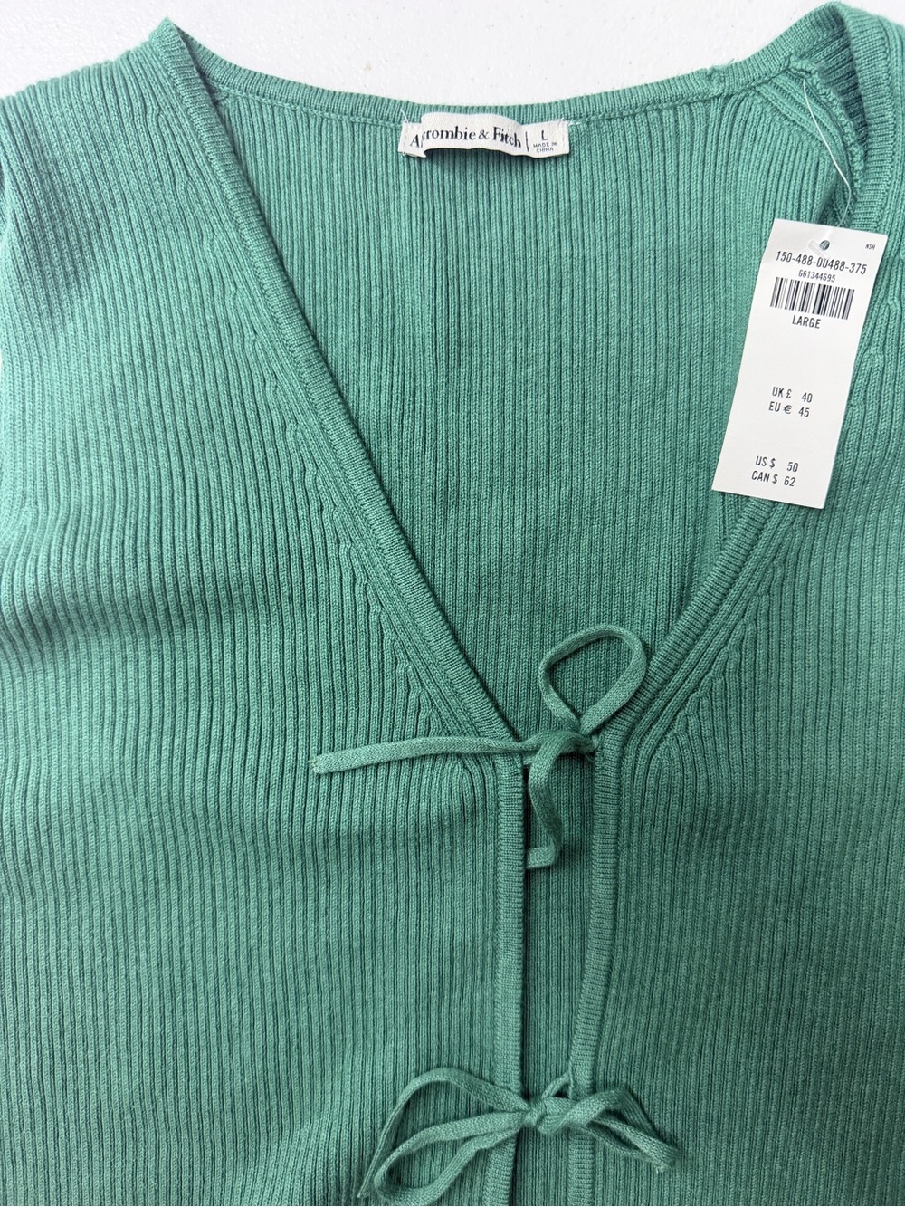 Abercrombie & Fitch Womens L Green Ribbed Tie Front V Neck Sweater Vest NWT